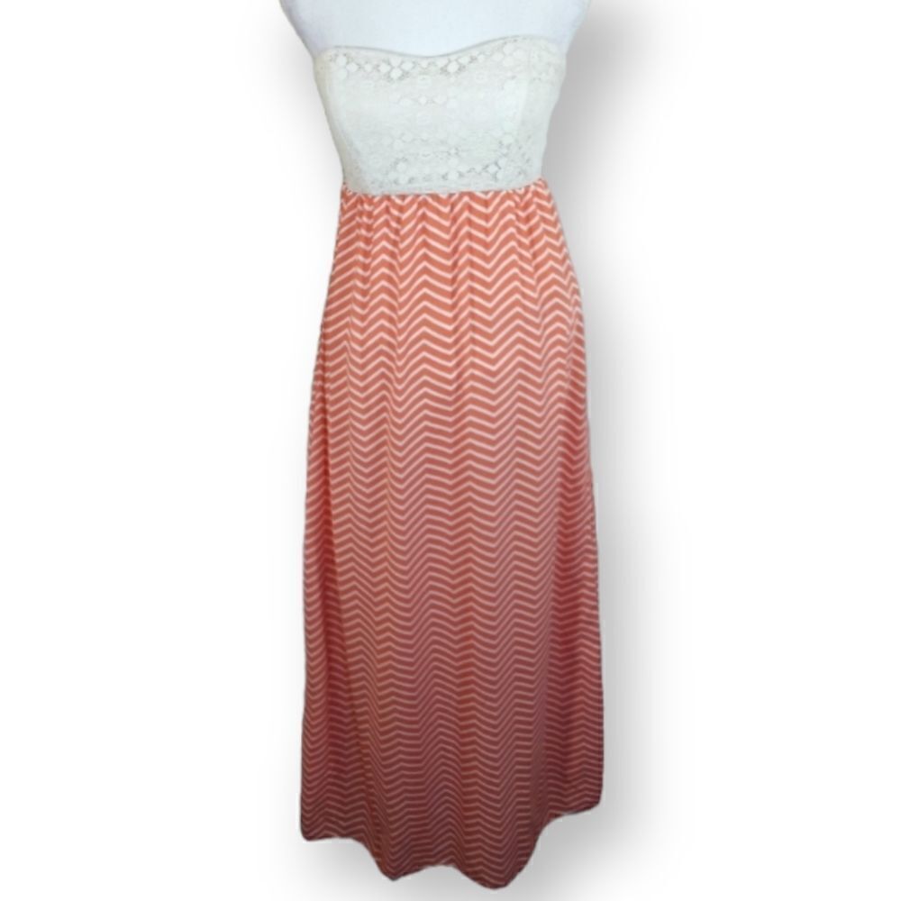 STRAPLESS MAXI DRESS CORAL & CREAM SZ. S/M EUC - Picture 3 of 6